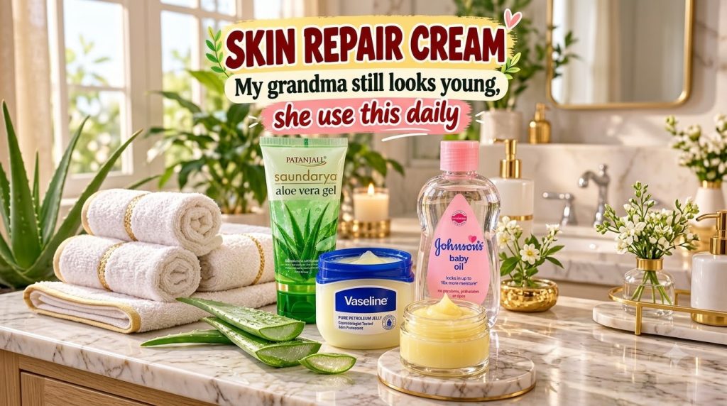 A collection of skincare products including Patanjali aloe vera gel Vaseline Petroleum Jelly Johnson s baby oil and a sm