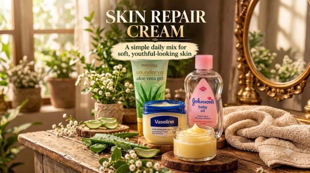 An arrangement of Vaseline Pure Petroleum Jelly aloe vera gel in a green container Johnson s Baby Oil and a small jar co