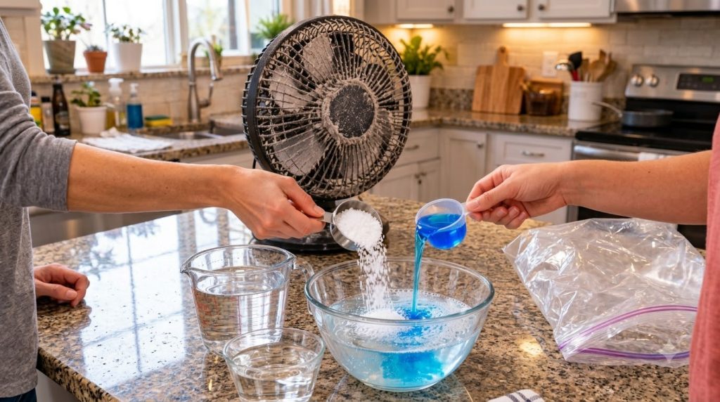 Close-up of hands pouring white granular material and blue liquid into a large glass bowl containing water representing 