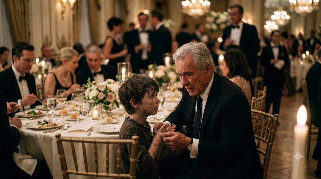 A distressed boy in tattered clothes receiving a small ornate blue ring from a well-dressed older man at a warm-lit gala