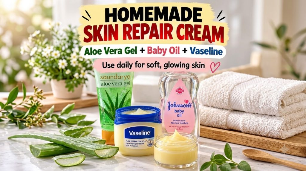 A flat lay of ingredients for a homemade skin repair cream Vaseline aloe vera gel baby oil and the finished mixed cream 