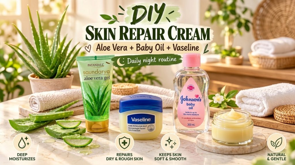 Three skincare products Vaseline Pure Petroleum Jelly Johnson s baby oil and Aloe Vera Gel arranged with sliced aloe ver