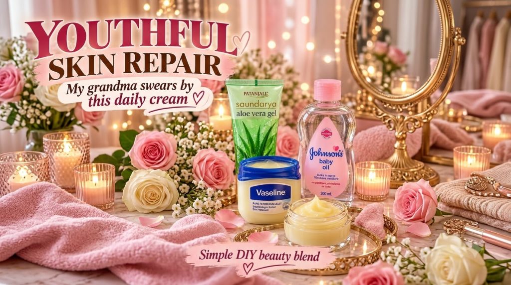 A collection of beauty products including aloe vera gel petroleum jelly baby oil and a blended cream on a golden tray Th
