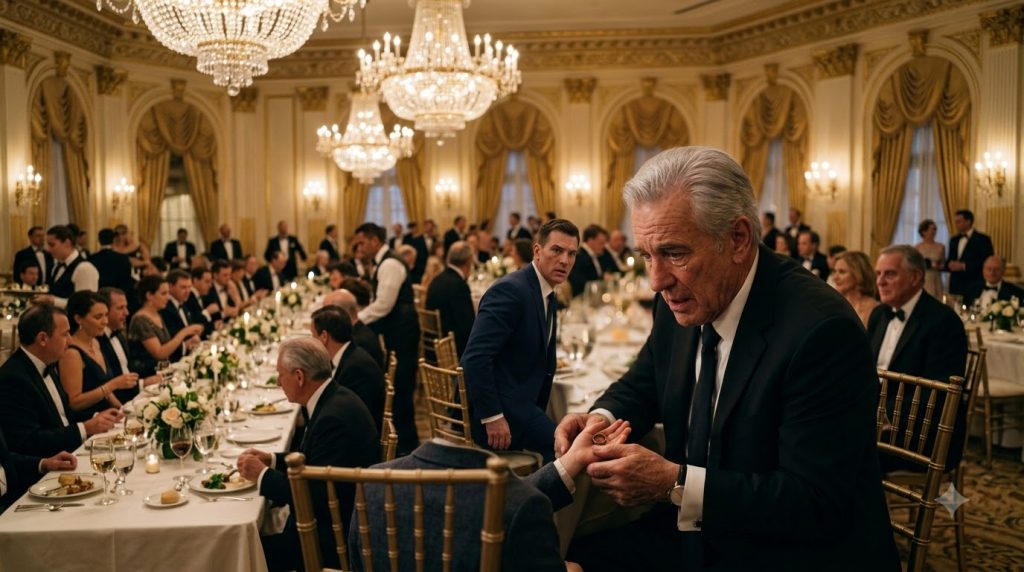 An older man visibly emotional with a tear places a ring into the open palm of a child at a formal event Another man in