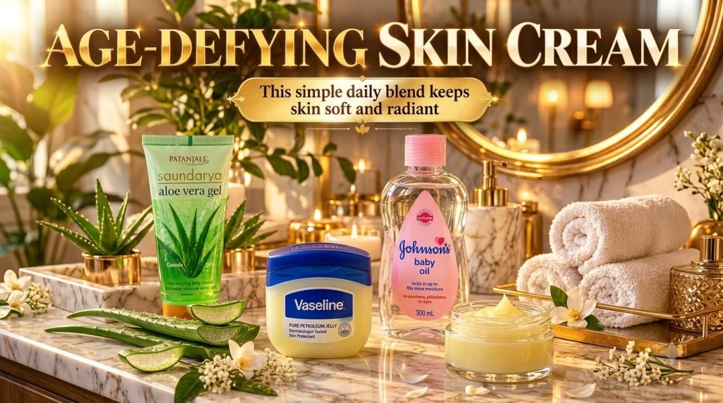 A selection of skincare products including aloe vera gel baby oil petroleum jelly and a prepared cream on a marble surfa