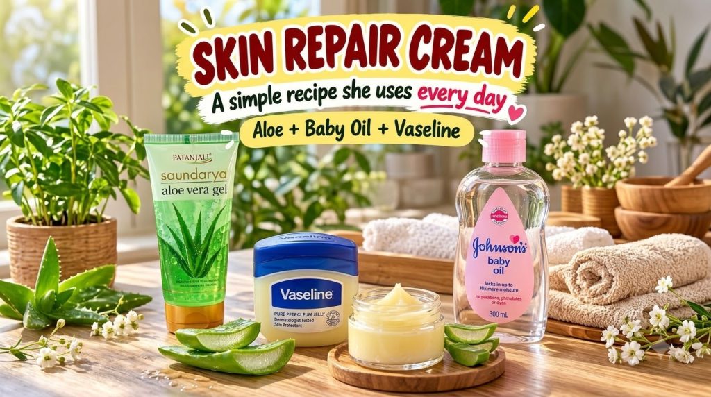 A collection of skincare ingredients and a mixed cream on a wooden surface showing Patanjali aloe vera gel Johnson s bab