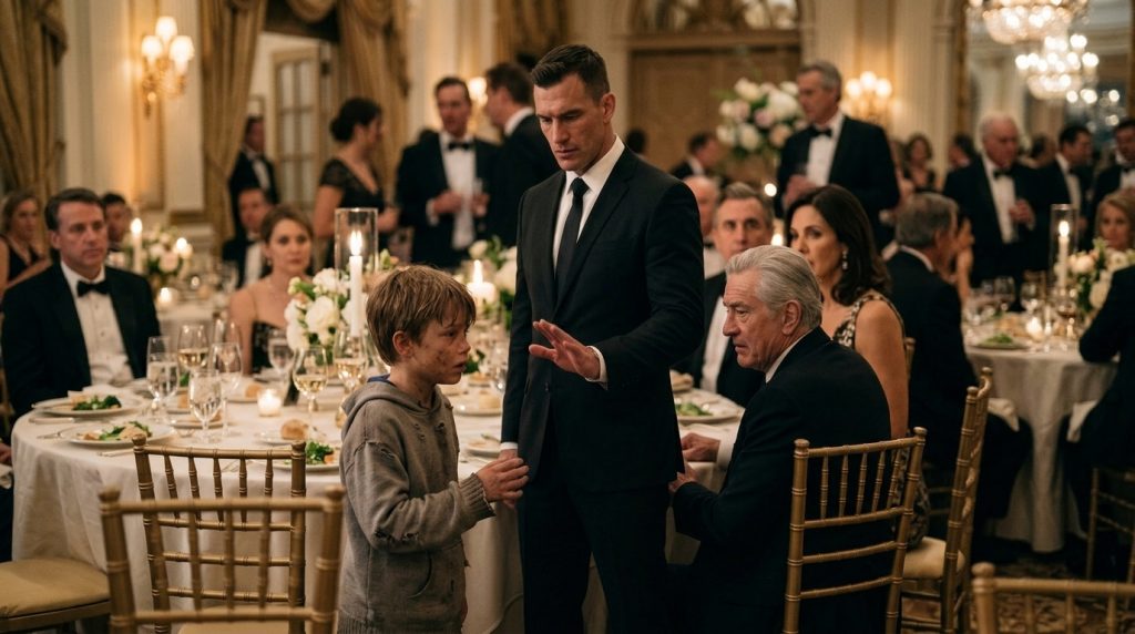A dramatic encounter at a lavish formal event A well-dressed man stands between a young boy in ragged clothes and an old