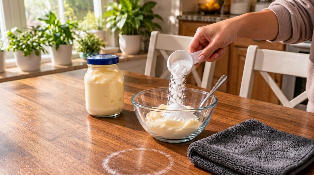 A hand mixing mayonnaise and baking soda into a creamy paste in a small glass bowl on a wooden surface