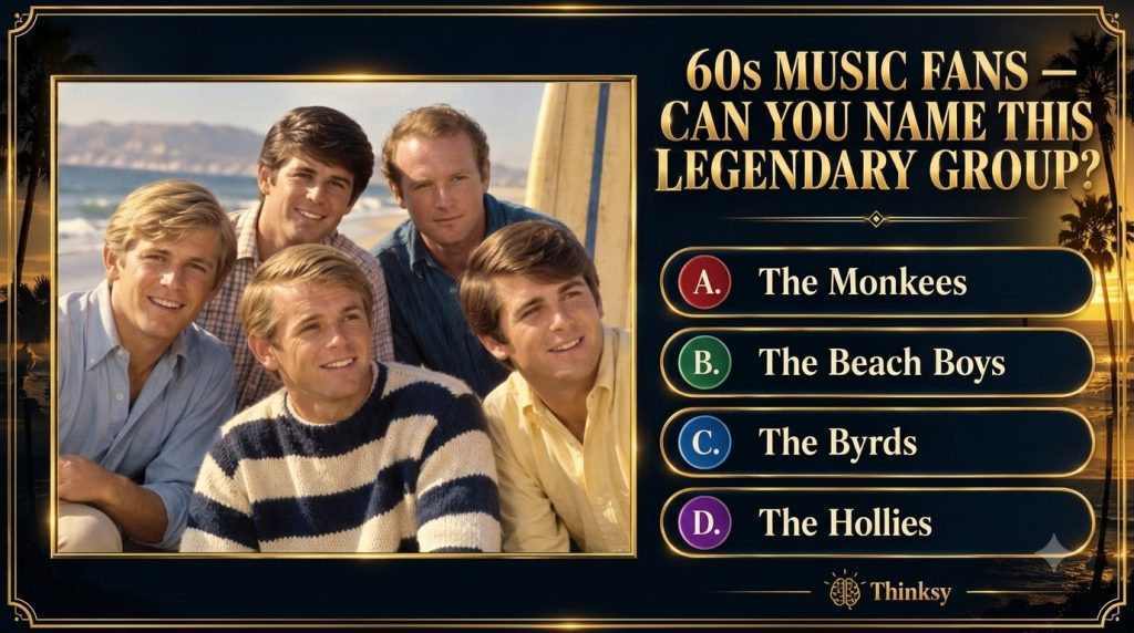 Five young men identified as The Beach Boys standing on a beach with a surfboard in the background resembling a vintage 