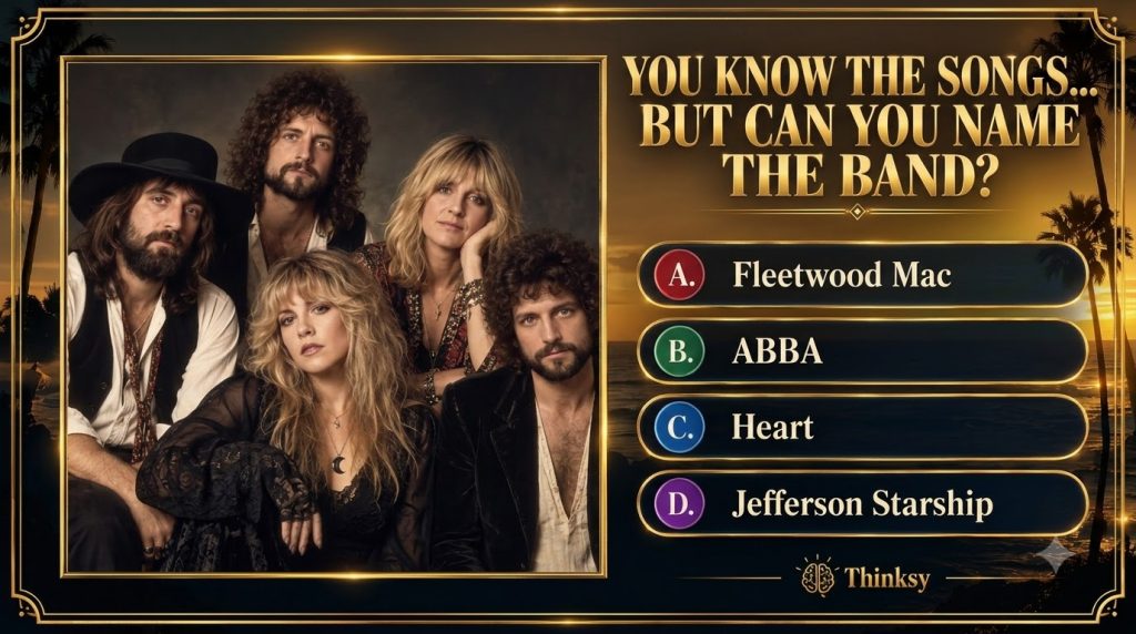 A quiz graphic with a central framed photograph of the band Fleetwood Mac featuring five members set against a sunset be