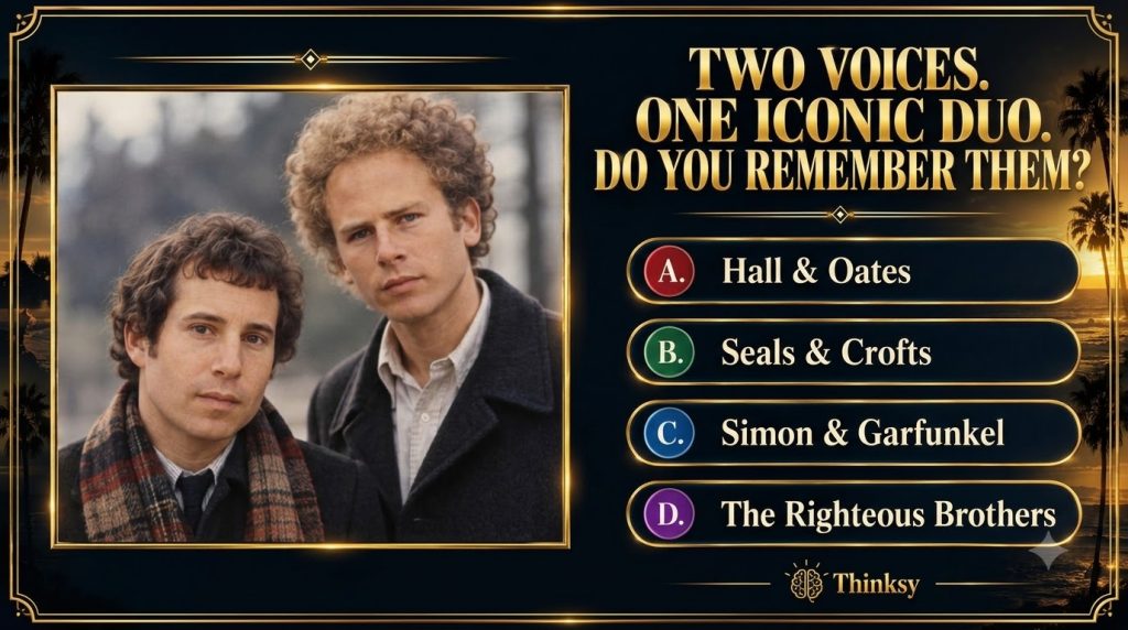 A vintage photograph of young Paul Simon and Art Garfunkel looking thoughtful set within a golden frame on a quiz poster