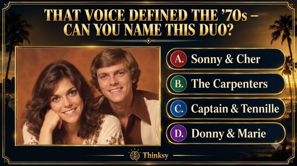 A retro-themed quiz poster featuring a vintage photograph of The Carpenters framed in gold The background is dark with g