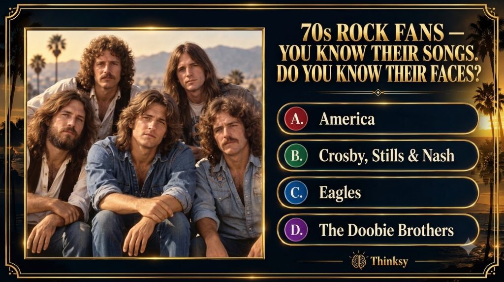 Five men with 70s rock aesthetics long hair beards and denim against a hazy sun-drenched Californian landscape with moun