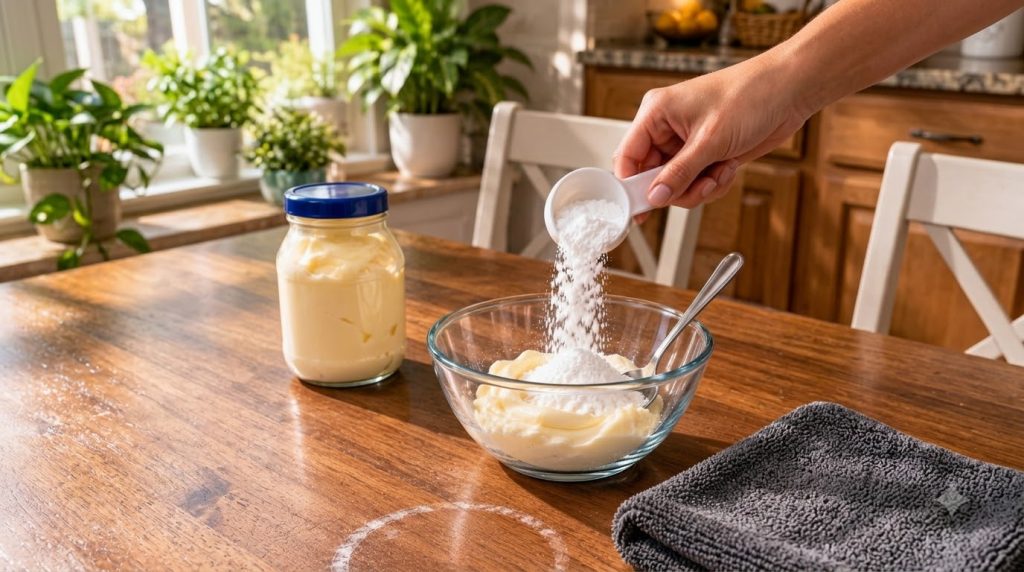 A hand pouring fine white baking soda powder from a measuring cup into a glass bowl containing a yellowish creamy mayonn