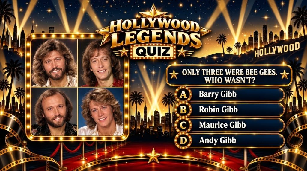 Four men likely the Gibb brothers in a golden marquee quiz poster frame with glamorous Hollywood elements like city silh