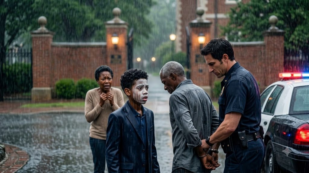 A young boy with streaking white face paint watches an older man in handcuffs being led away by a police officer in heav