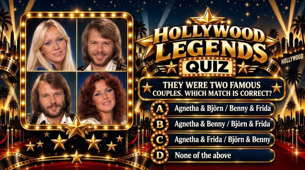 A vibrant gold-themed quiz graphic centered on the iconic pop group ABBA featuring individual portraits of Agnetha Björn