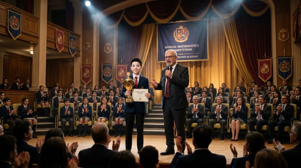A young boy on a stage proudly holding a golden trophy and a Scholarship Award certificate standing next to an adult mal