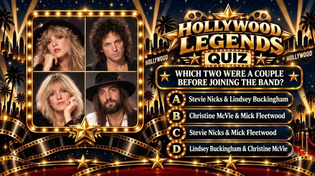 A Hollywood-themed quiz layout with portraits of Stevie Nicks Lindsey Buckingham Christine McVie and Mick Fleetwood fram