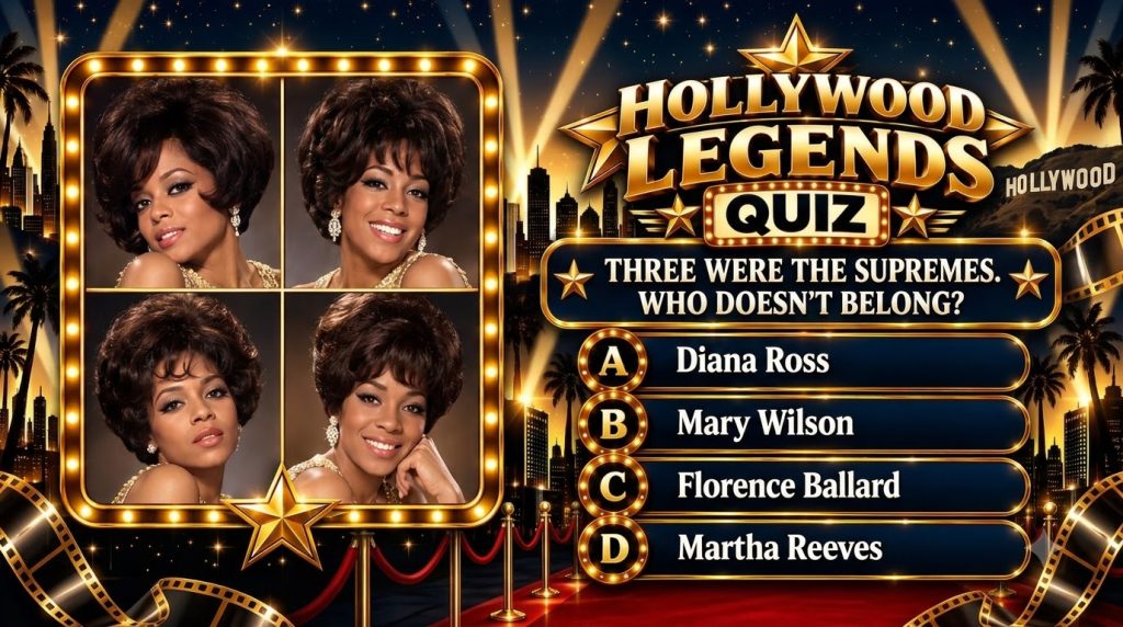 A retro-glam quiz layout for a Hollywood Legends Quiz featuring four portraits of a woman in a vintage marquee frame wit
