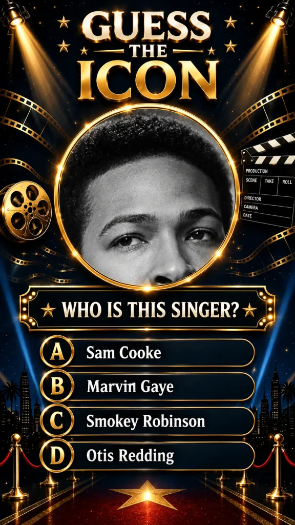 A trivia game screen titled GUESS THE ICON featuring a black and white close-up of a man s face Marvin Gaye in a promine