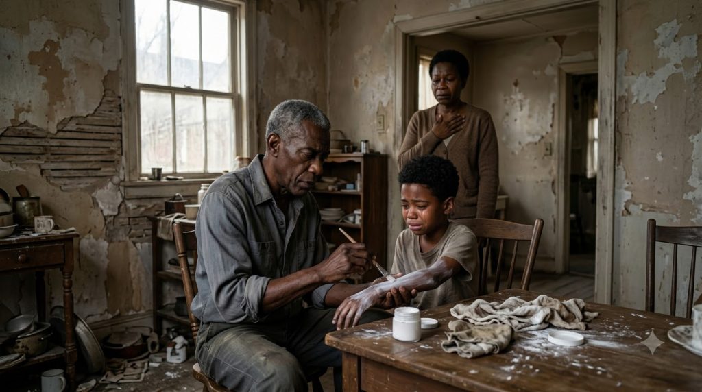An elderly Black man applying a white substance with a brush to a crying child s arm in a rustic domestic setting A Blac