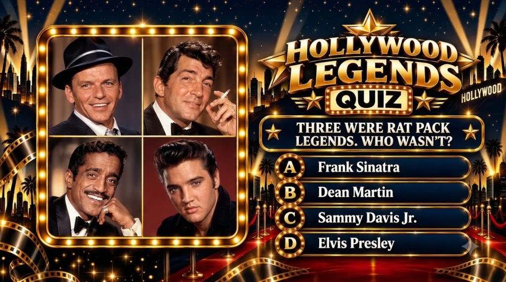 Four framed portraits of Frank Sinatra Dean Martin Sammy Davis Jr and Elvis Presley set against a glamorous Hollywood ba