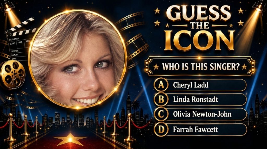 A vertical quiz graphic titled GUESS THE ICON featuring Olivia Newton-John in a golden circular frame with a dramatic Ho