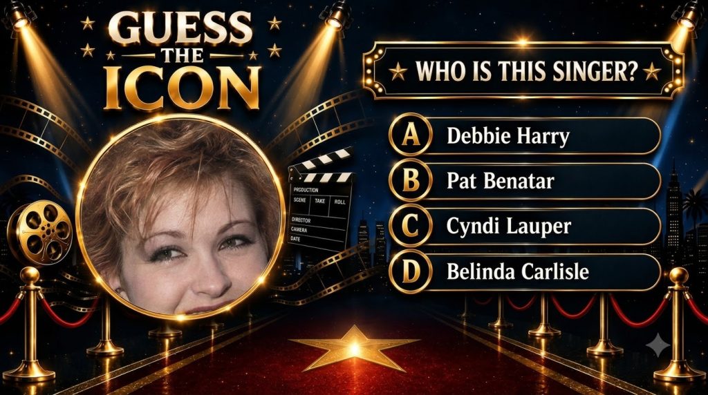A quiz interface titled GUESS THE ICON featuring a close-up of an iconic 80s singer in a golden circular frame set again
