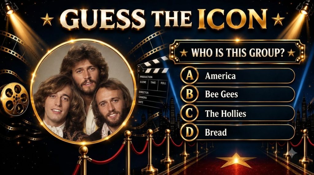 A quiz graphic featuring a circular portrait of the three Bee Gees members in their younger days surrounded by golden ac