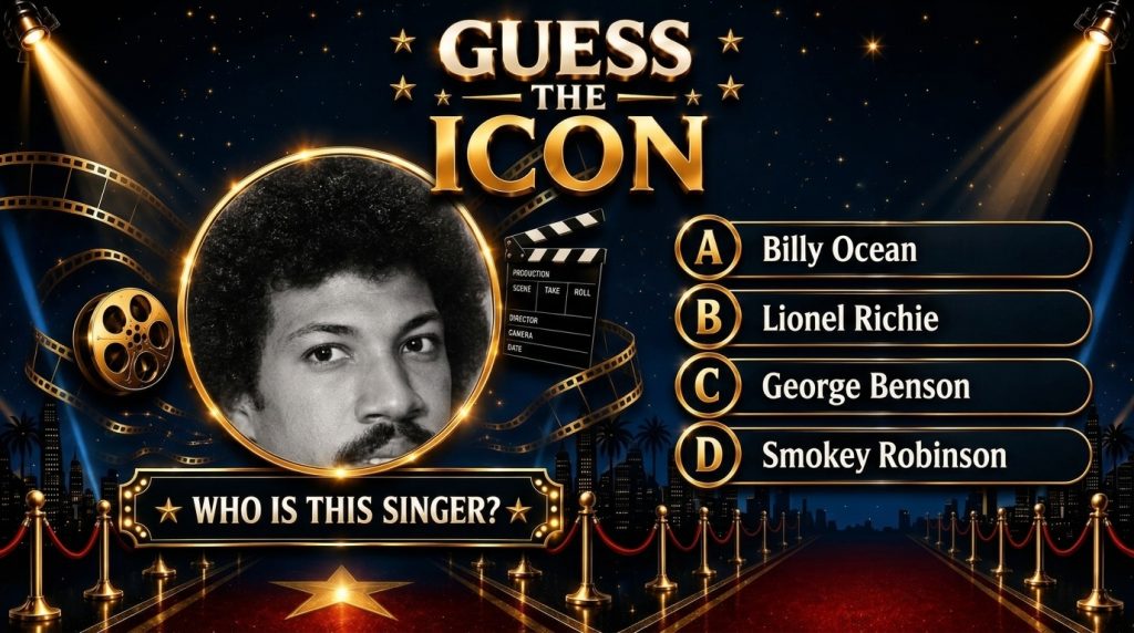 A vibrant quiz poster with GUESS THE ICON title featuring a black and white portrait of Lionel Richie in a gold circular