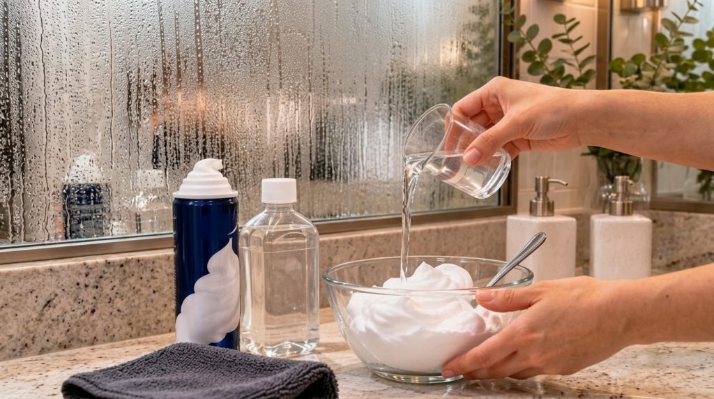 A person pouring water into a bowl of white fluffy foam on a bathroom counter with a blue shaving cream can and clear bo