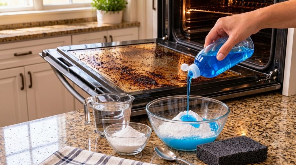 A close-up of a hand pouring blue dish soap into a glass bowl with white baking soda next to a measuring cup of water a 