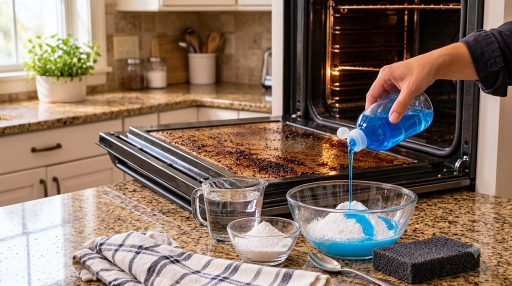 A close-up of a hand pouring blue dish soap into a bowl of white baking soda with a measuring cup of water a spoon and a