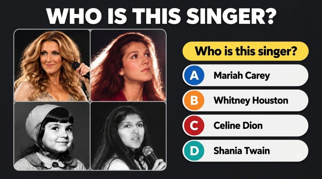 A quiz titled WHO IS THIS SINGER displaying a 2x2 grid of photos of the same female artist at different ages with multip