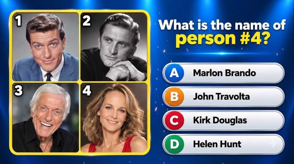 A quiz game interface with four celebrity portraits in a 2x2 grid The top-left shows a younger Dick Van Dyke top-right s