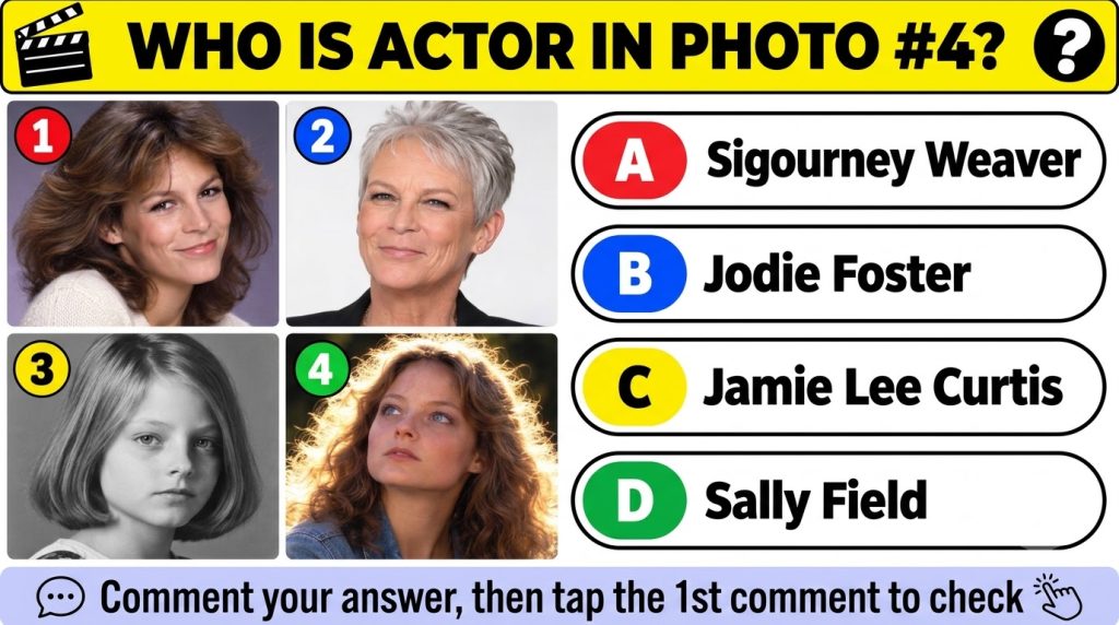 A close-up of a young Jodie Foster with curly brown hair looking upwards similar to the quiz image style with a backligh