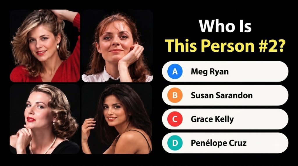 A quiz interface showing four headshots of women in a 2x2 grid with the question Who Is This Person 2 and multiple-choic