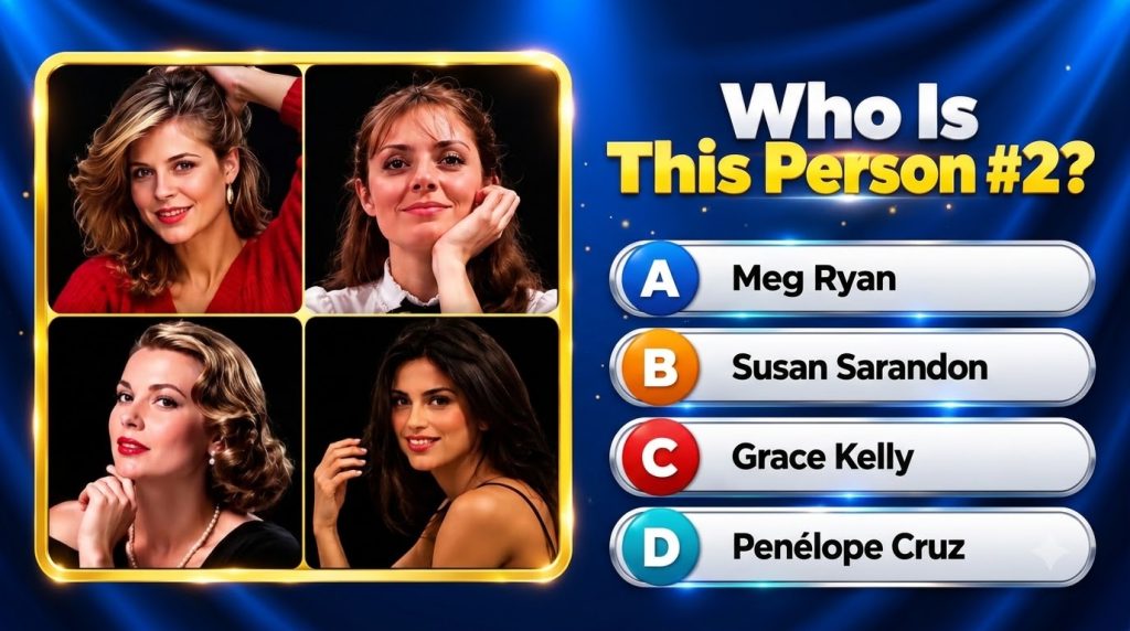 A mobile quiz game interface showing a 2x2 grid of four women s portraits in golden frames with the question Who Is This