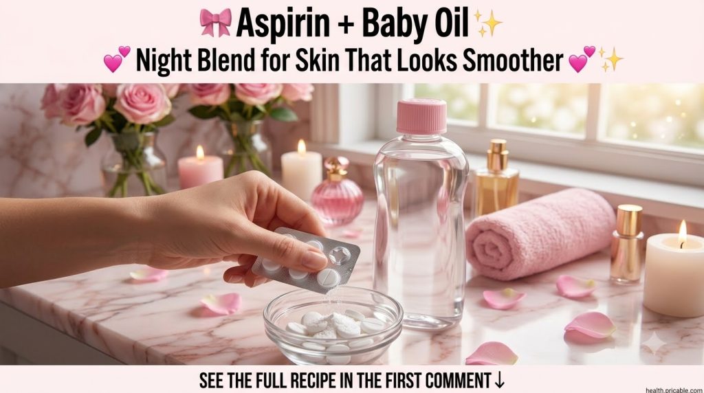 A close-up of a hand crushing aspirin pills into a small glass bowl with a bottle of baby oil next to it on a pink marbl