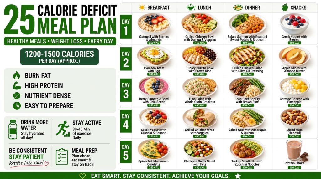 An infographic showing a 25-day calorie deficit meal plan with appealing food photographs for breakfast lunch dinner and