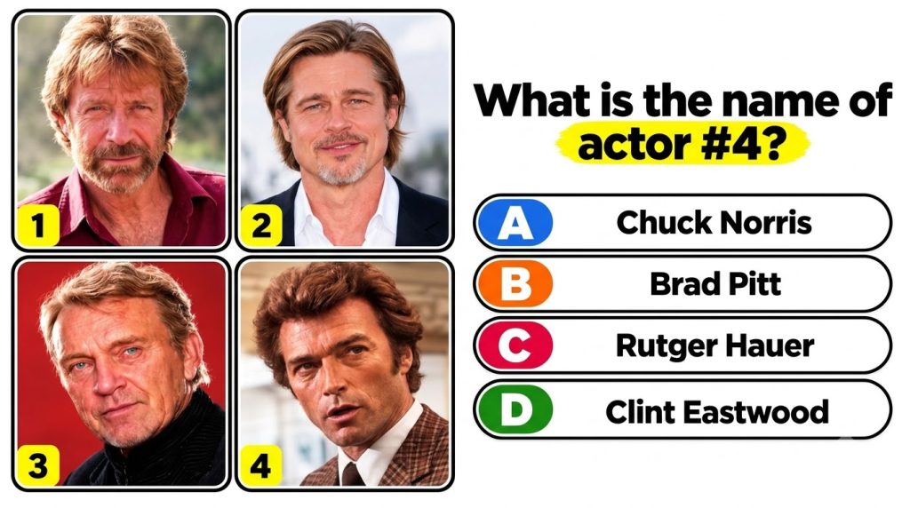 A four-panel quiz image showing portraits of four male actors Chuck Norris Brad Pitt Rutger Hauer and Clint Eastwood Bel