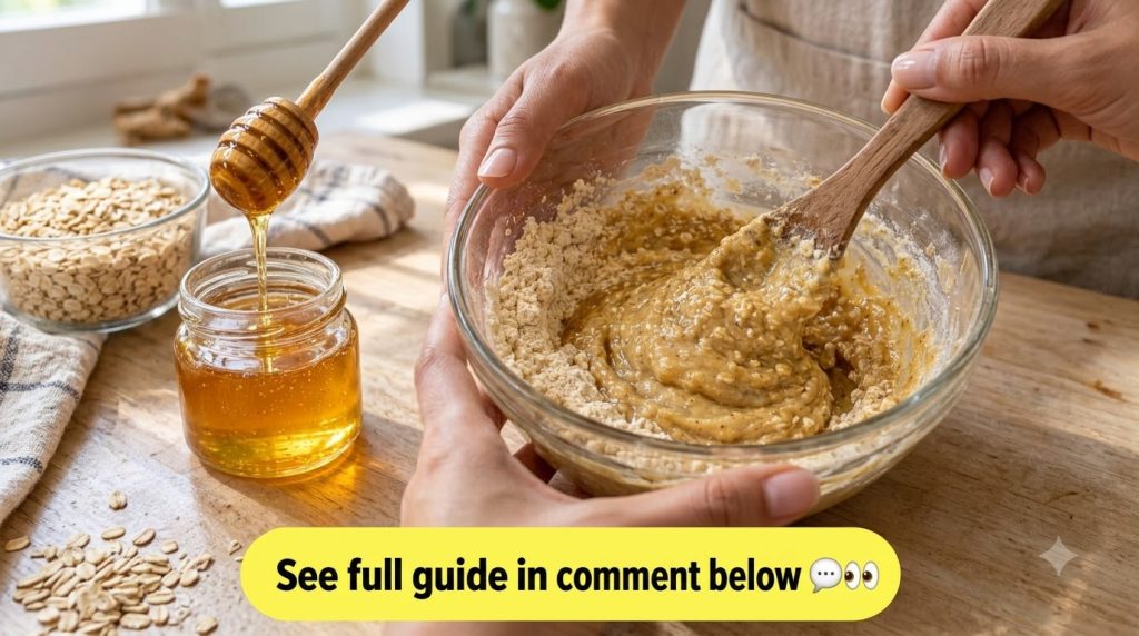Hands mixing honey and oat flour in a clear glass bowl on a wooden counter with a small jar of honey visible nearby