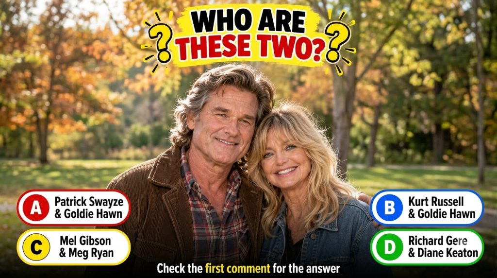 A smiling portrait of Kurt Russell and Goldie Hawn in an outdoor setting
