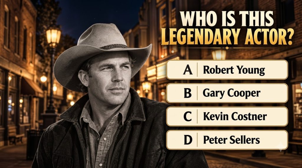 Quiz image featuring four black and white portraits of actors with a headline WHO IS ACTOR IN PHOTO 3 and answer cards A