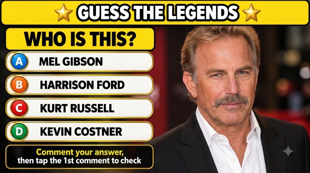 A quiz card showing a close-up of Kevin Costner s face with the question Half The Face - Who Is He and four answer optio