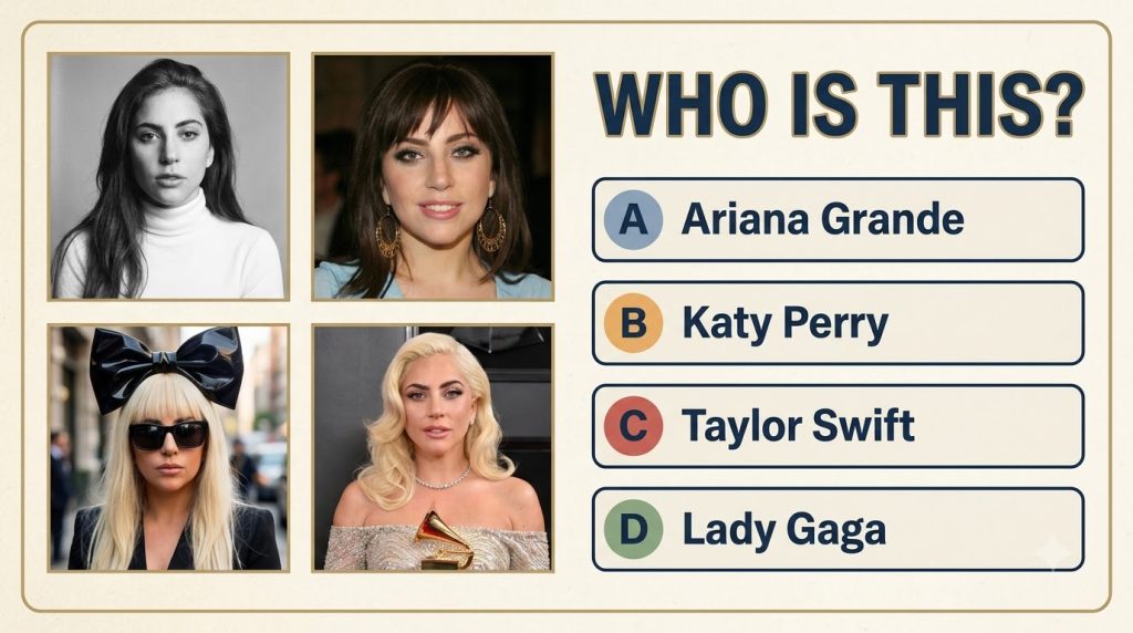 The original quiz image showing four distinct photographs of Lady Gaga at various stages of her life and career with the
