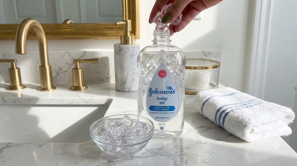 A clear bottle of Johnson s Baby Oil on a luxurious white marble vanity with gold accents emphasizing its clean and pure