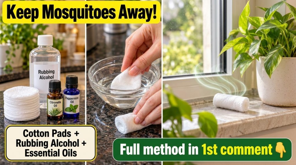 Hands rolling a white strip of material on a dark counter with text overlay Mosquitoes Hate this