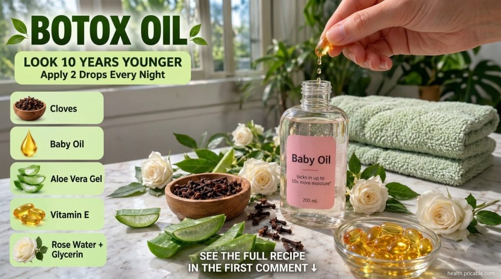 A bottle of DIY Botox Oil with a hand dripping a Vitamin E capsule s oil into it surrounded by cloves sliced aloe vera l